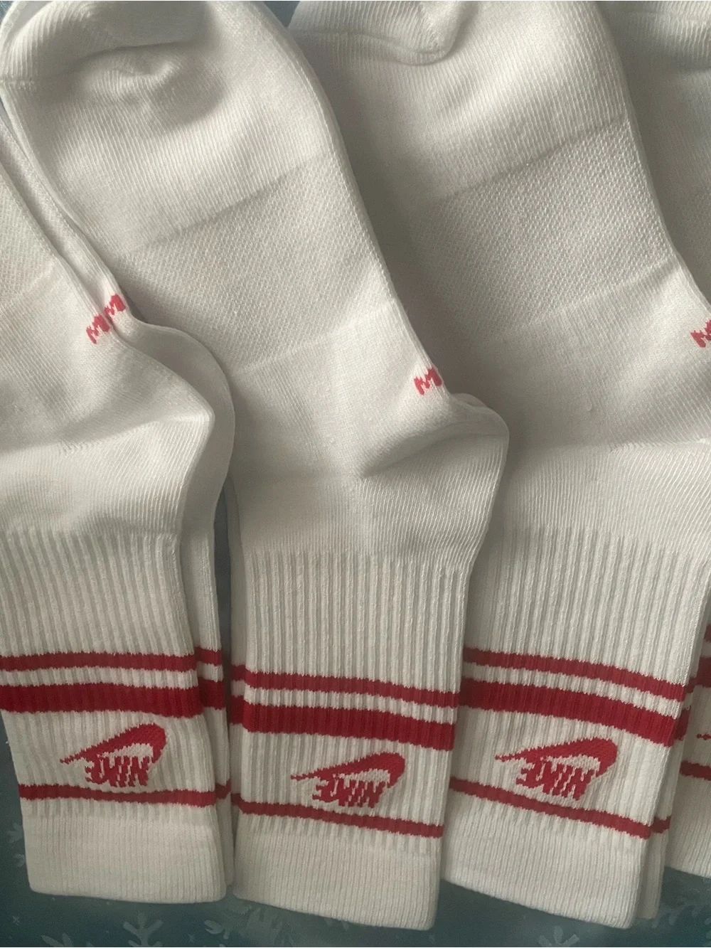 White Crew Socks with Red Stripe - Athletic 6 pairs medium size